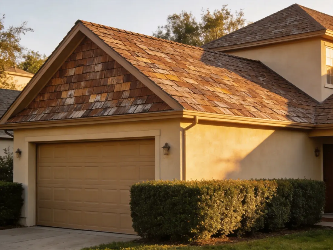 Weathered-wood asphalt shingle roof installed on a beige suburban home with an attached garage