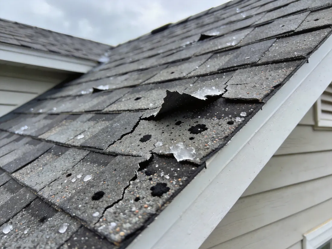 Hail damage on asphalt roof shingles — cracks and granule loss documented during a free Lawton roof inspection